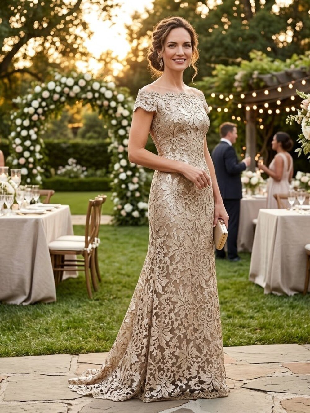 Tadashi Shoji Gold Lace Maxi Dress- size 2
